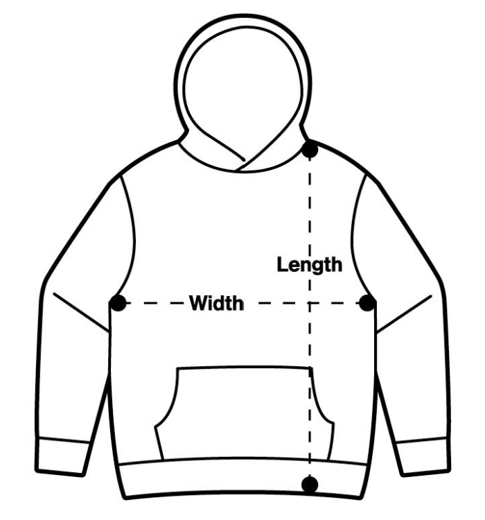 VALOR STAPLE HOODIE size chart showing body width and body length measurements
